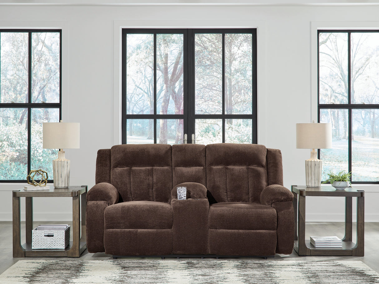 Mega Furniture - Ashley Furniture - Observation Living Room - DBL REC PWR Loveseat w/Console / Chocolate - PC2140696