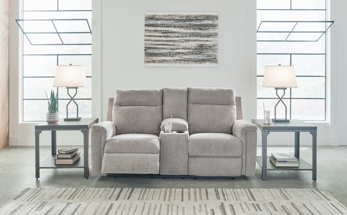 Mega Furniture - Ashley Furniture - Barnsana Living Room - DBL REC PWR Loveseat w/Console / Ash - 3320196