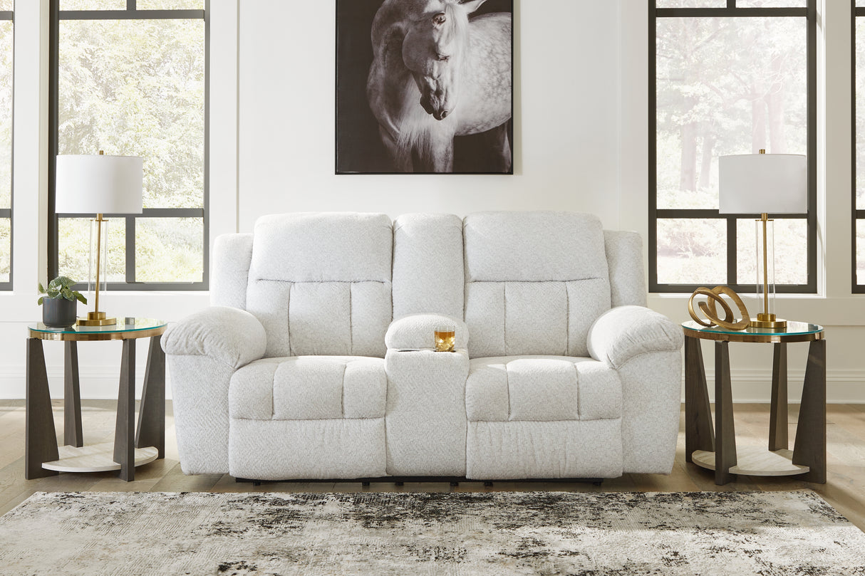 Mega Furniture - Ashley Furniture - Frohn Living Room - DBL Rec Loveseat w/Console / Snow - 3740594