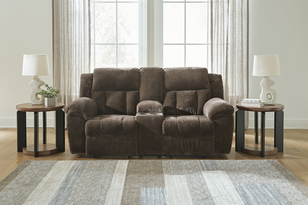 Mega Furniture - Ashley Furniture - Frohn Living Room - DBL Rec Loveseat w/Console / Chocolate - 3740794