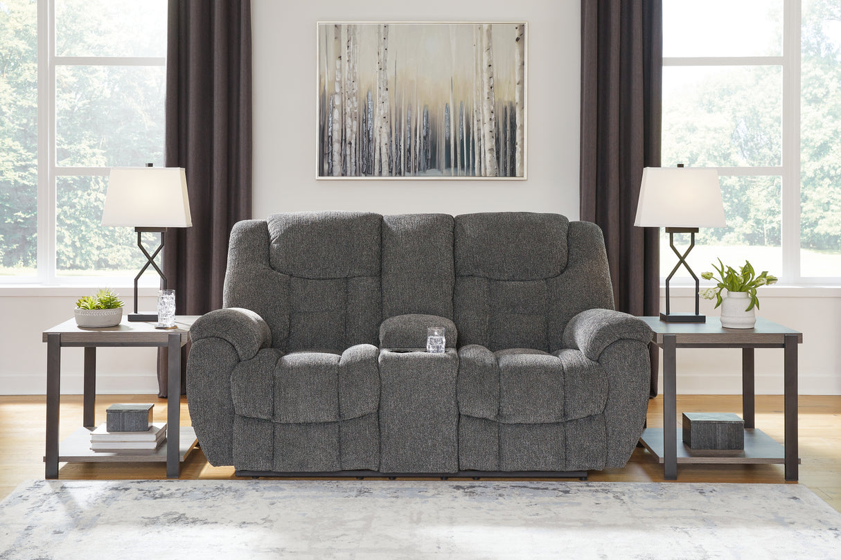 Mega Furniture - Ashley Furniture - Foreside Living Room - DBL Rec Loveseat w/Console / Charcoal - 3810494