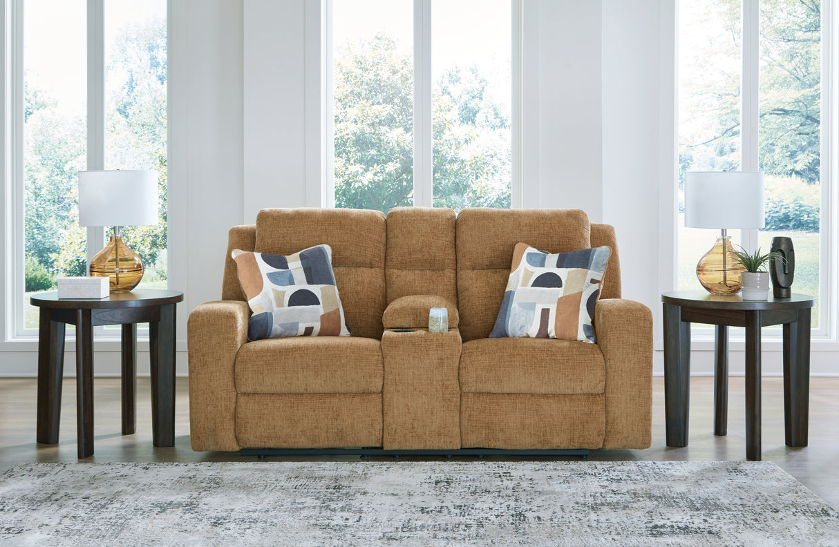 Mega Furniture - Ashley Furniture - Kanlow Living Room - DBL Rec Loveseat w/Console / Honey - 3860594