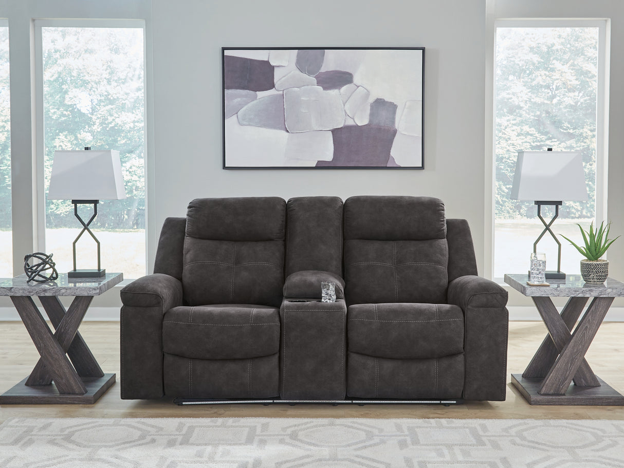 Mega Furniture - Ashley Furniture - Brysonview Living Room - DBL Rec Loveseat w/Console / Charcoal - 6360594