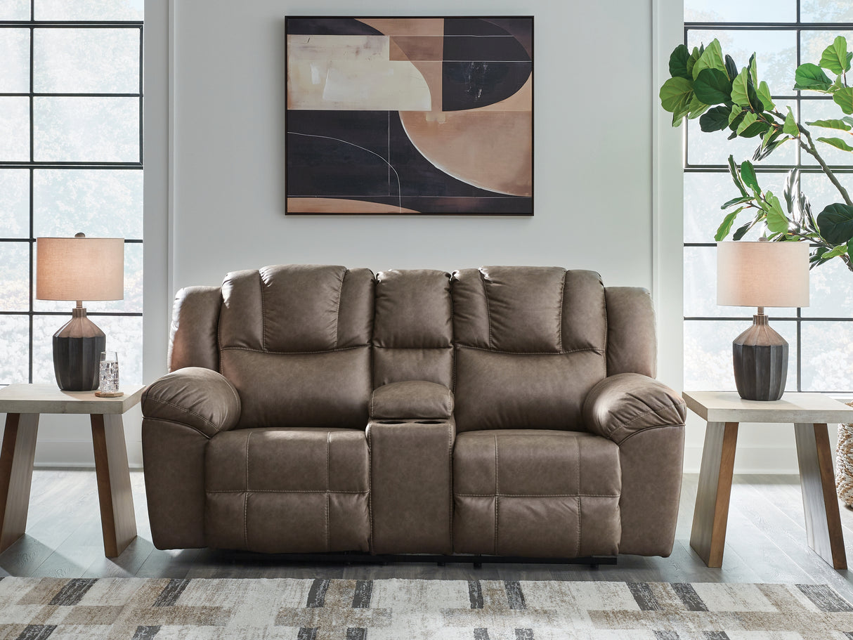 Mega Furniture - Ashley Furniture - Lowilla Living Room - DBL Rec Loveseat w/Console / Driftwood - PC6450694