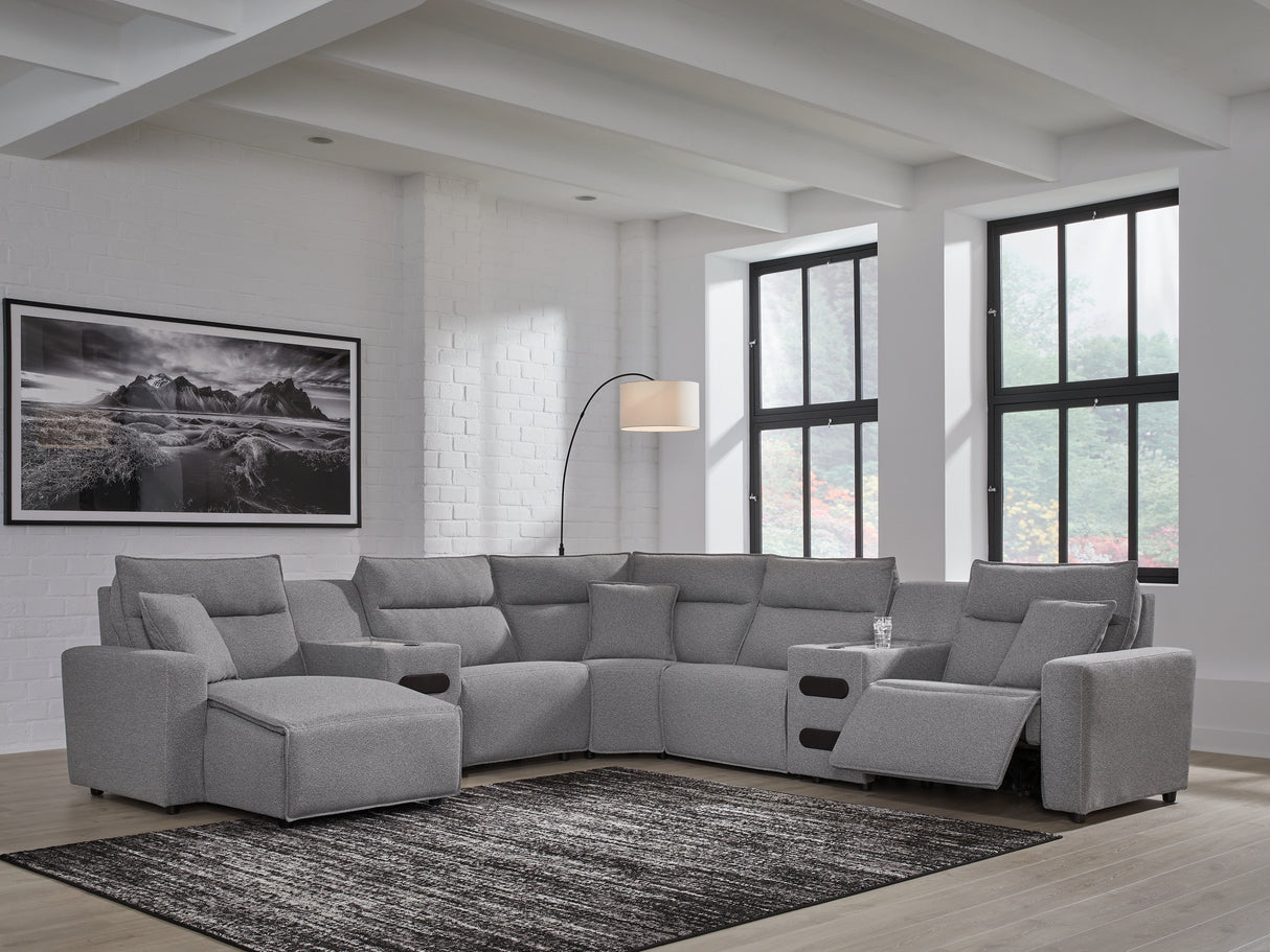 Mega Furniture - Ashley Furniture - ModMax II Sectional - 7-Piece Power Reclining Sectional with Chaise and Audio Consoles / Salt and Pepper - 65906S20