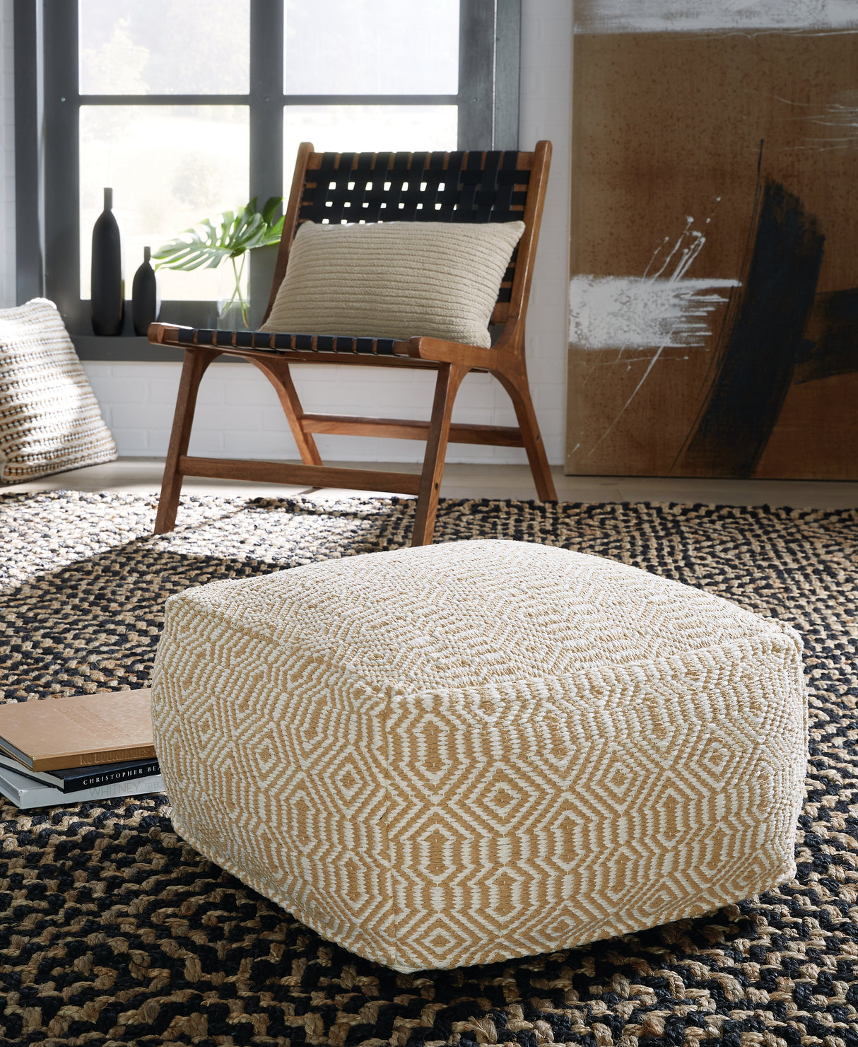 Mega Furniture - Ashley Furniture - Adamont Pouf - Pouf / Tan/Ivory - A1001059