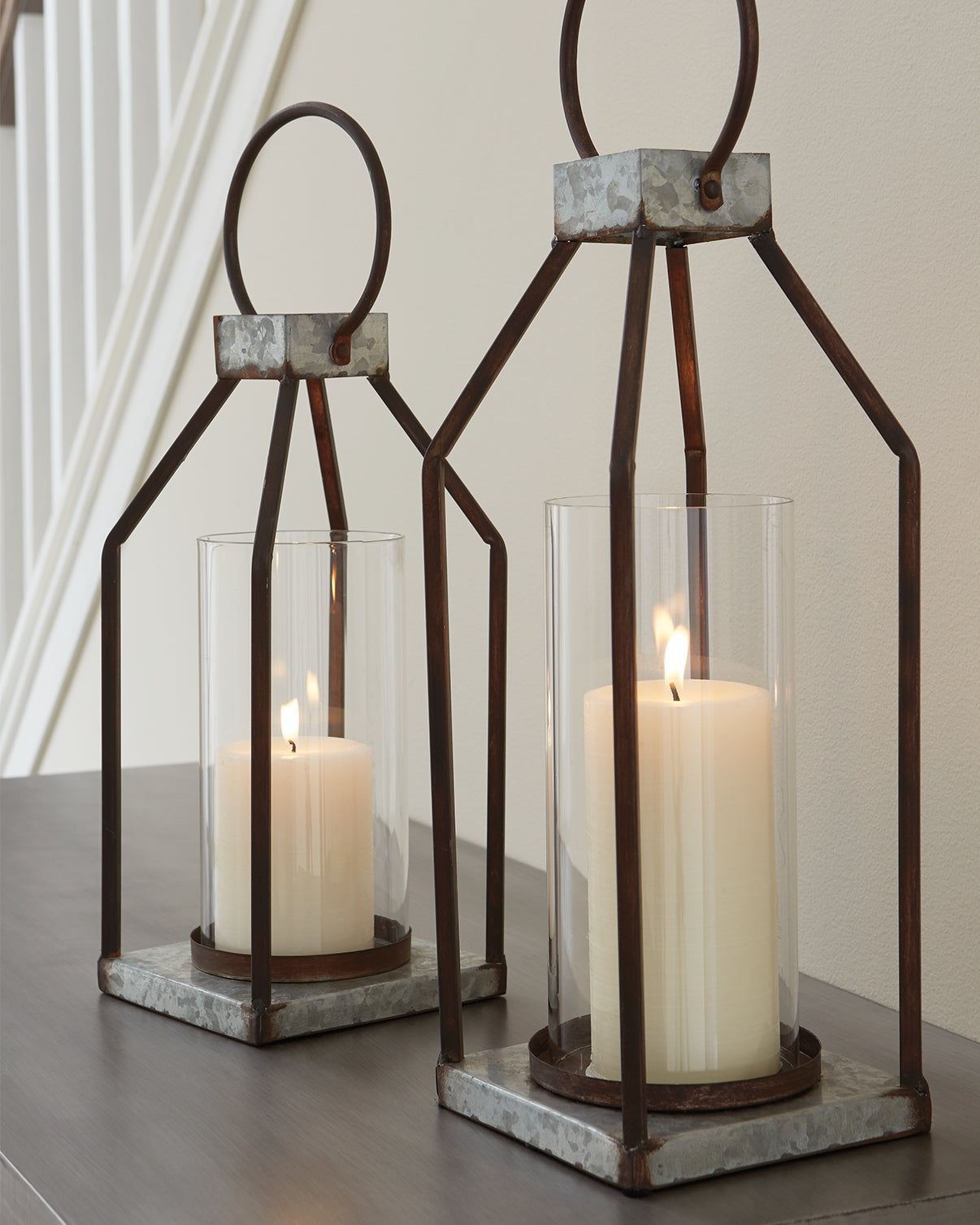 Mega Furniture - Ashley Furniture - Diedrick Candle Holder - Lantern Set (Set of 2) / Gray/Black - A2000346