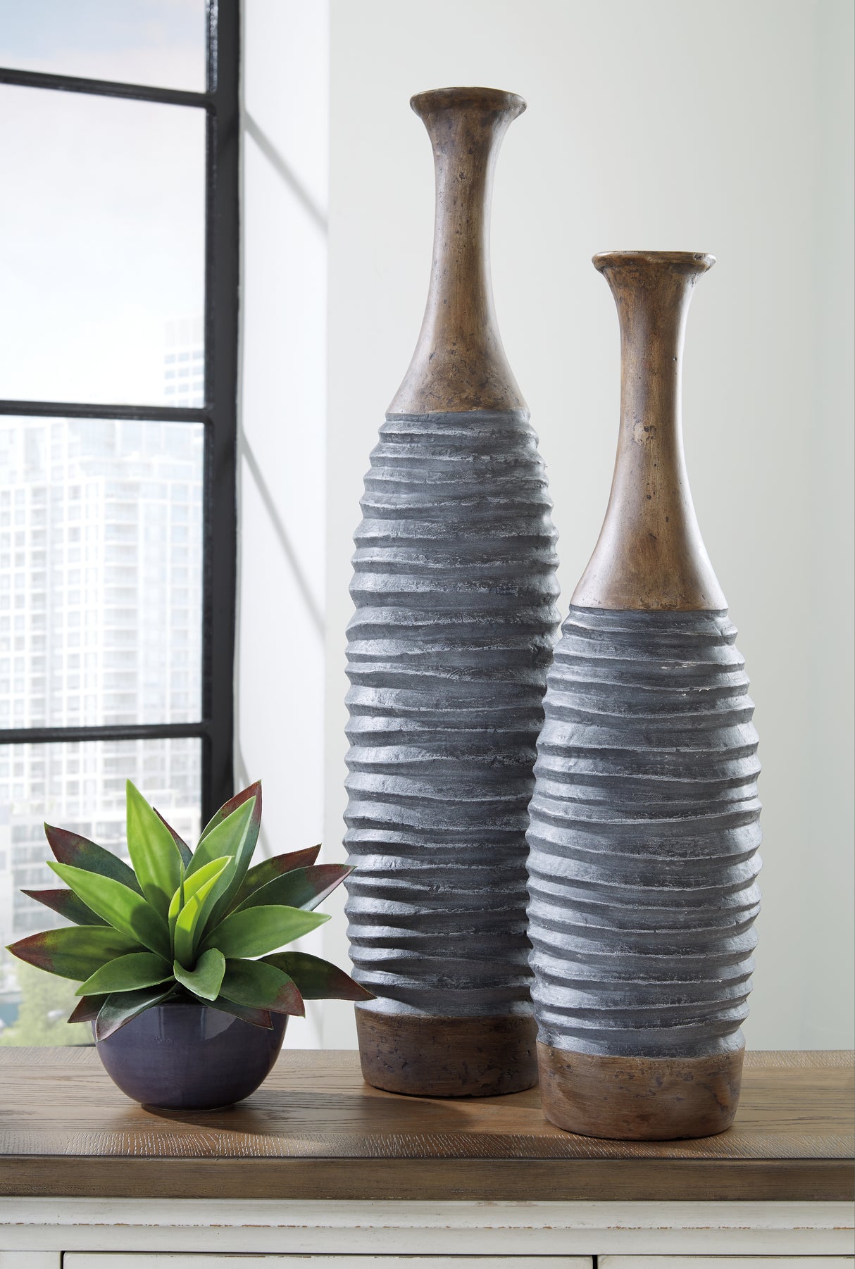 Mega Furniture - Ashley Furniture - Blayze Vase - Vase Set (Set of 2) / Antique Gray/Brown - A2000388