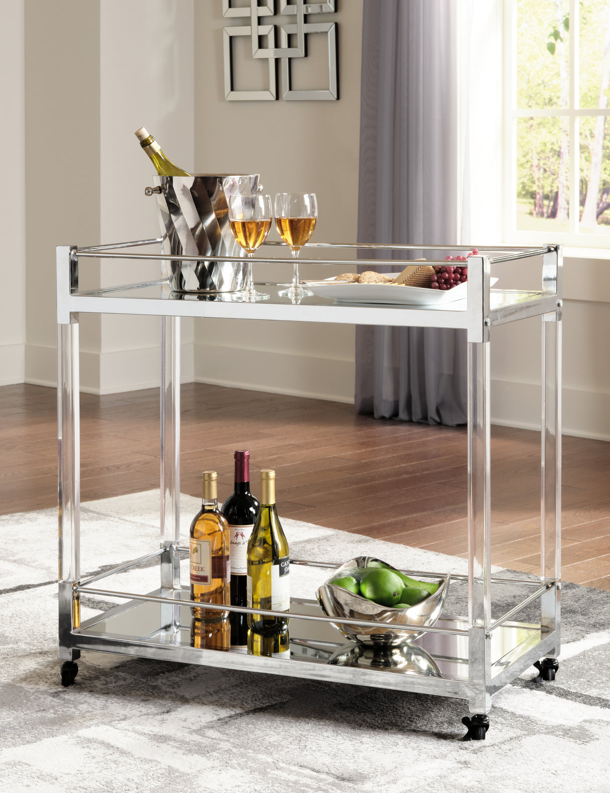 Mega Furniture - Ashley Furniture - Chaseton Bar Cart - Bar Cart / Clear/Silver Finish - A4000501