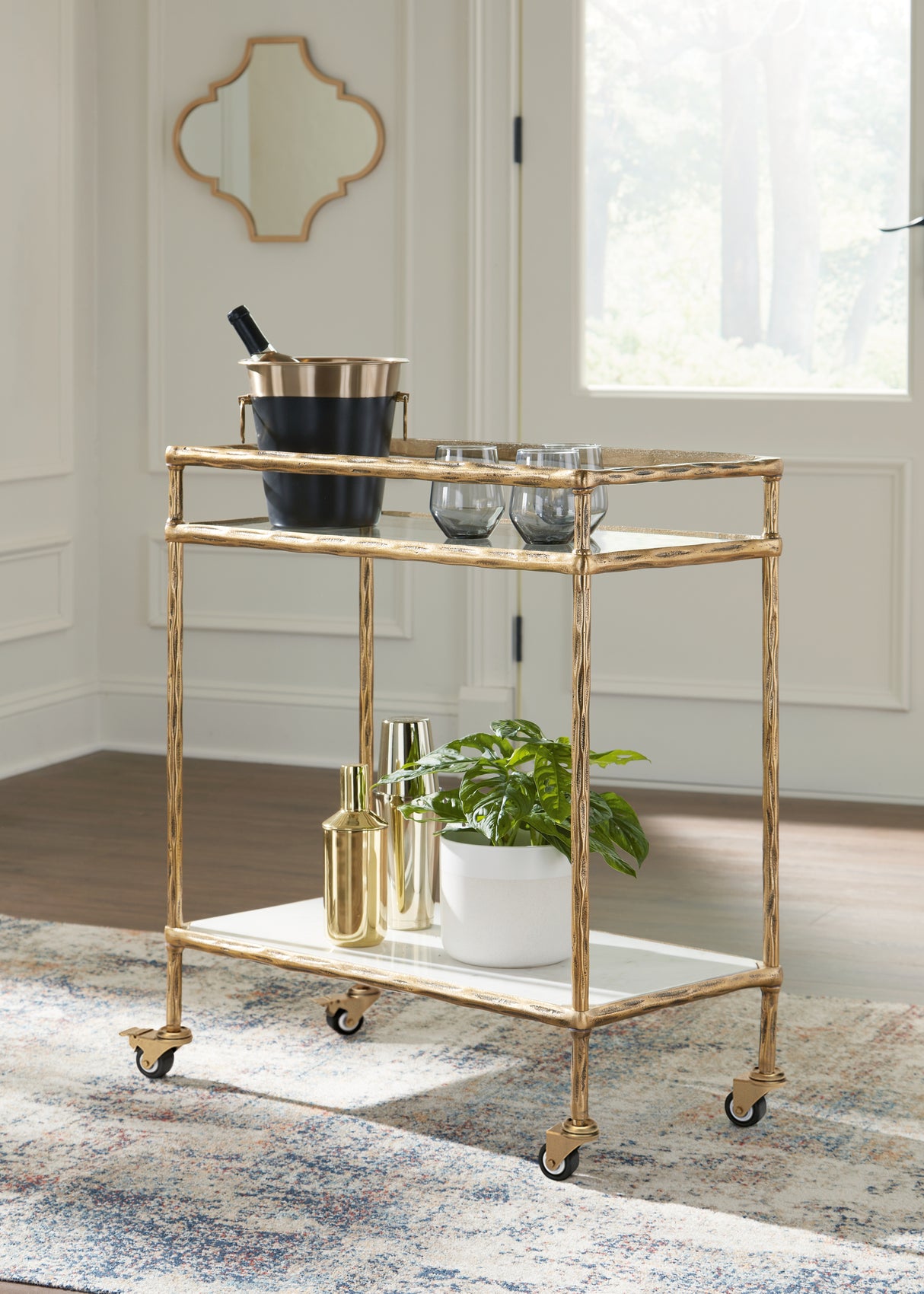 Mega Furniture - Ashley Furniture - Plattfield Bar Cart - Bar Cart / Antique Gold Finish - A4000625