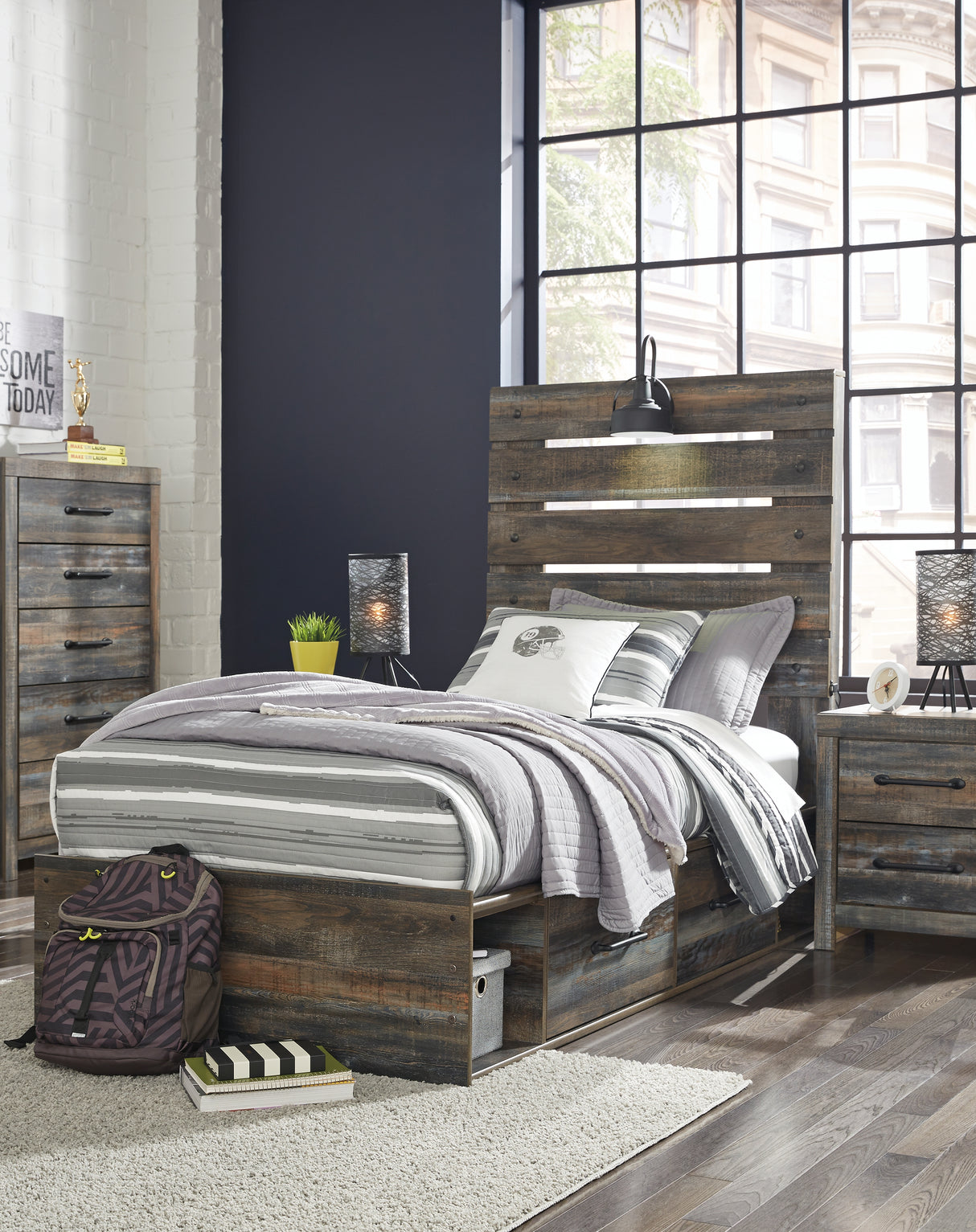 Mega Furniture - Ashley Furniture - Drystan Bedroom - Twin Panel Bed with 2 Storage Drawers / Multi - B211B8