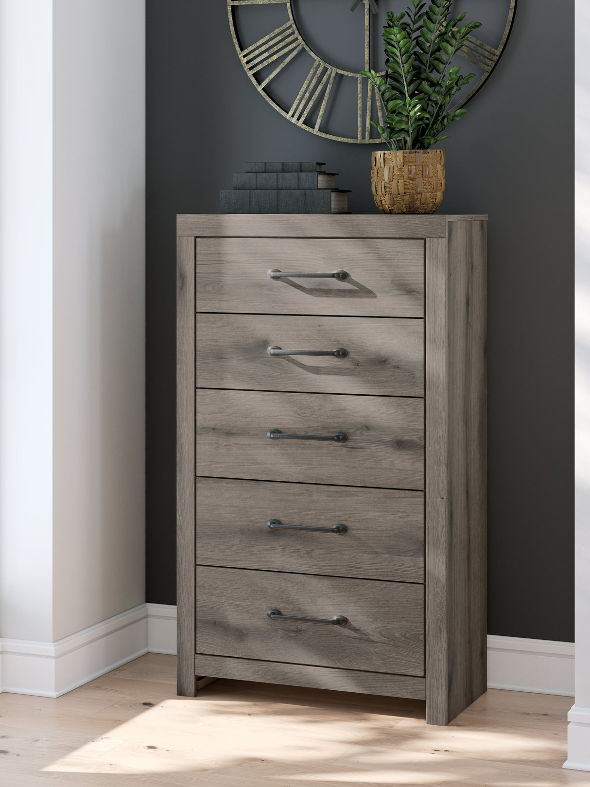 Mega Furniture - Ashley Furniture - Graystorm Bedroom - Five Drawer Chest / Brown Gray - PCB2405-46
