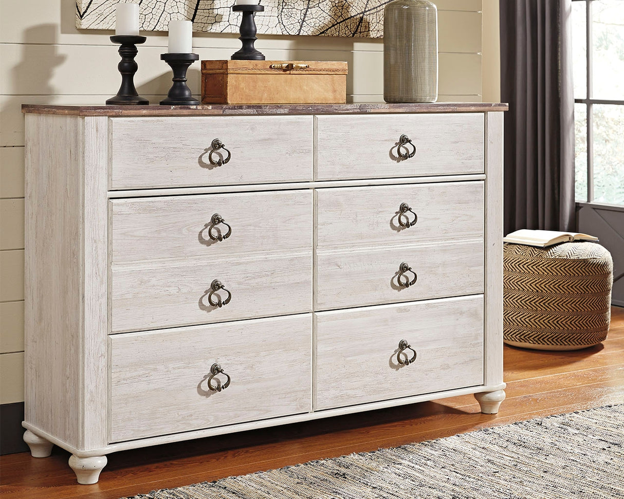 Mega Furniture - Ashley Furniture - Willowton Bedroom - Six Drawer Dresser / Whitewash - B267-31