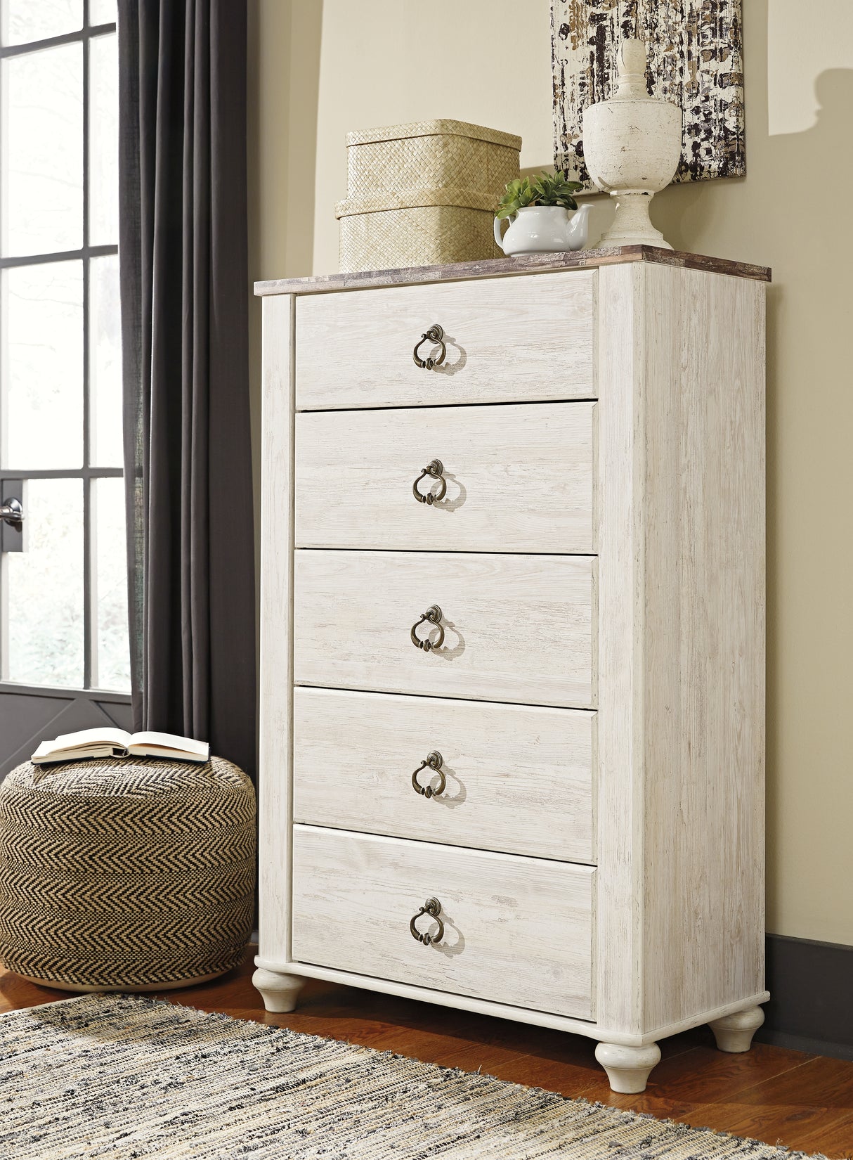 Mega Furniture - Ashley Furniture - Willowton Bedroom - Five Drawer Chest / Whitewash - B267-46