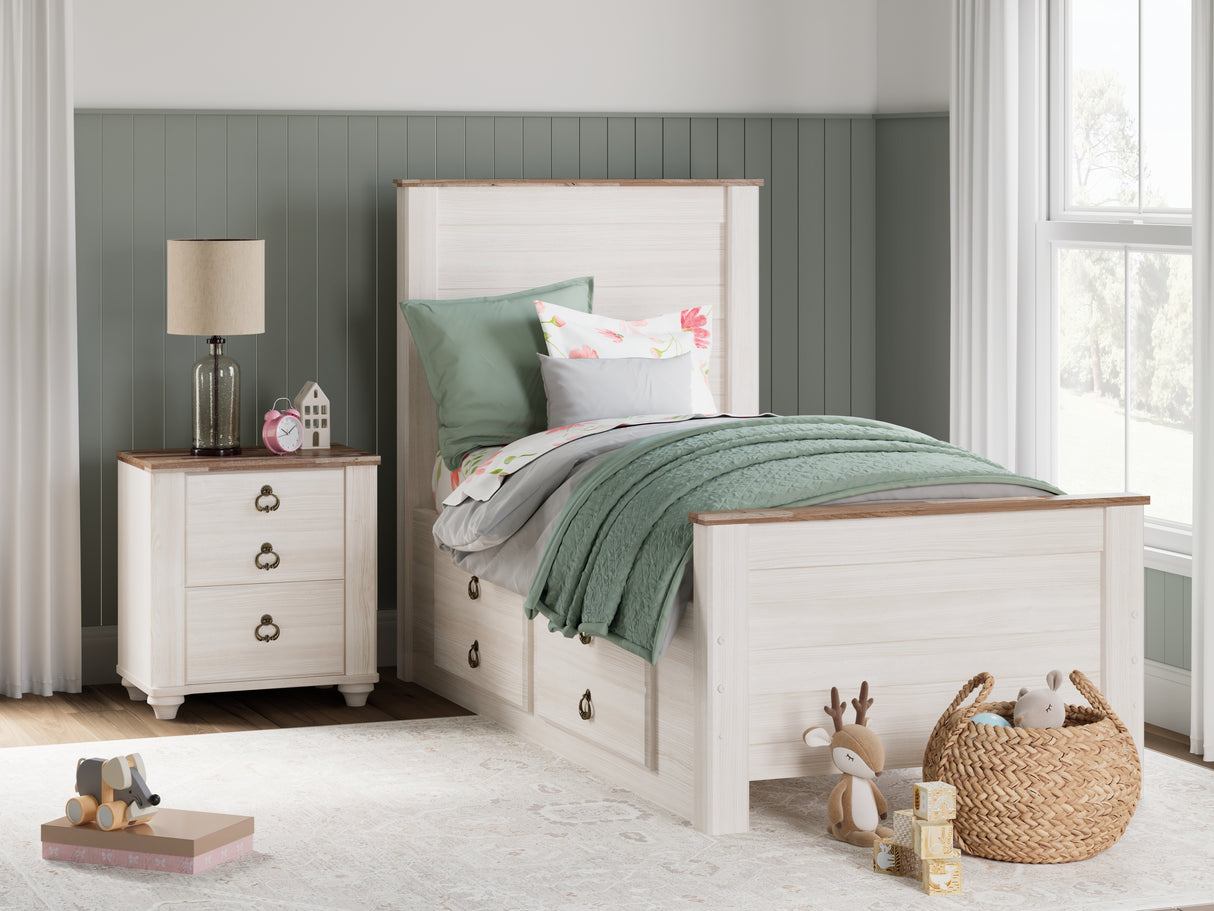 Mega Furniture - Ashley Furniture - Willowton Bedroom - Twin Panel Bed with 2 Storage Drawers / Whitewash - B267B21