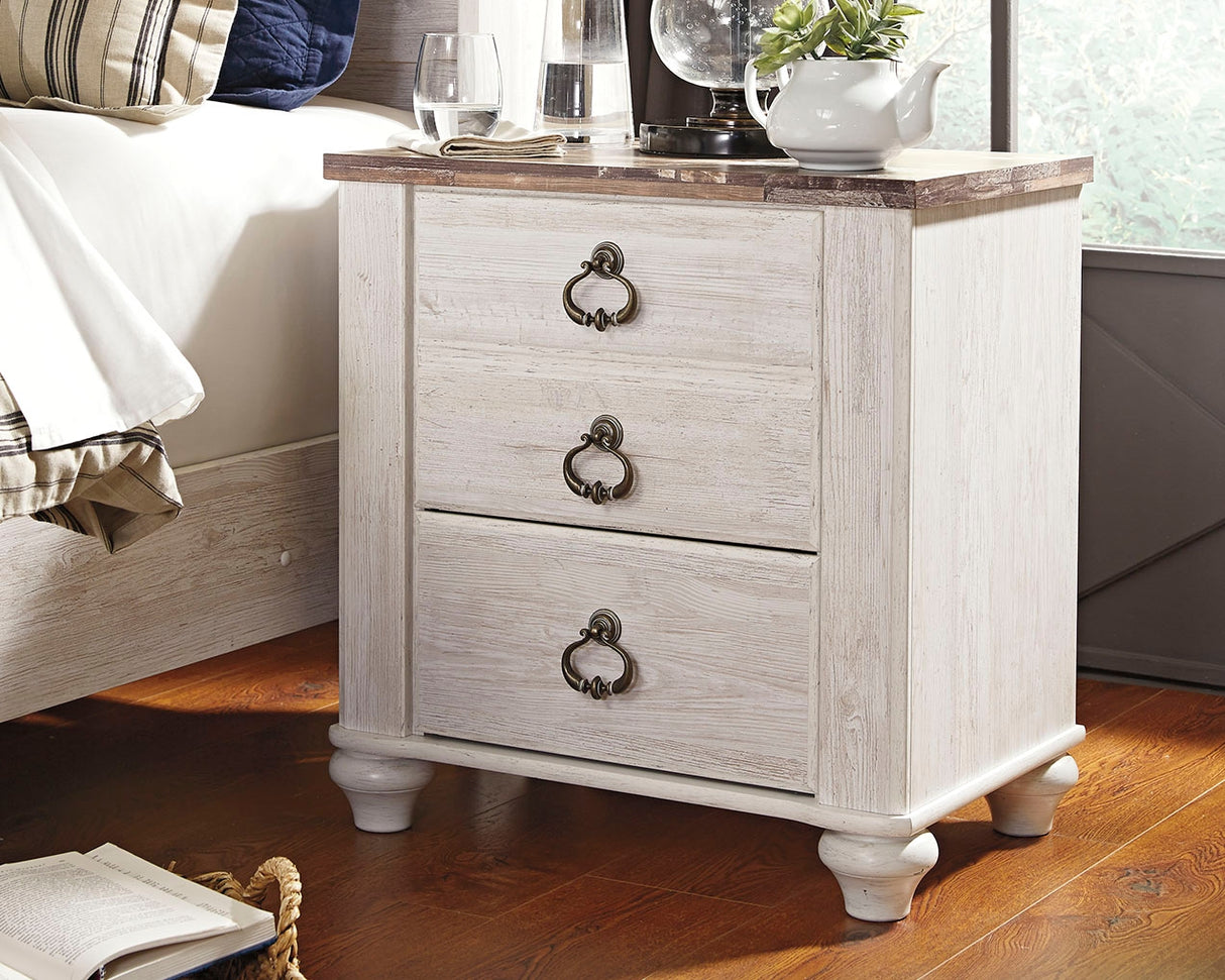Mega Furniture - Ashley Furniture - Willowton Bedroom - Two Drawer Night Stand / Whitewash - B267-92