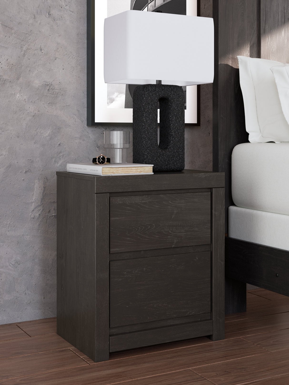 Mega Furniture - Ashley Furniture - Fraluna Bedroom - Two Drawer Night Stand / Charcoal - PCB3370-92