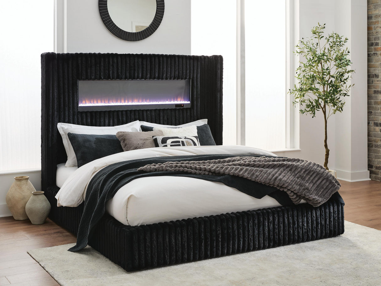 Mega Furniture - Ashley Furniture - Tayleena Bedroom - King Upholstered Bed with Fireplace and Wireless Audio - PCB620B2
