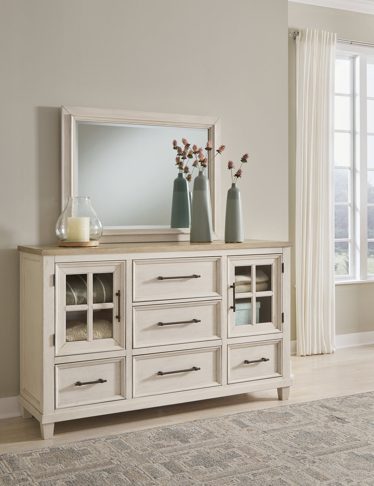 Mega Furniture - Ashley Furniture - Shaybrock Bedroom - Dresser and Mirror / Antique White/Brown - B683B1