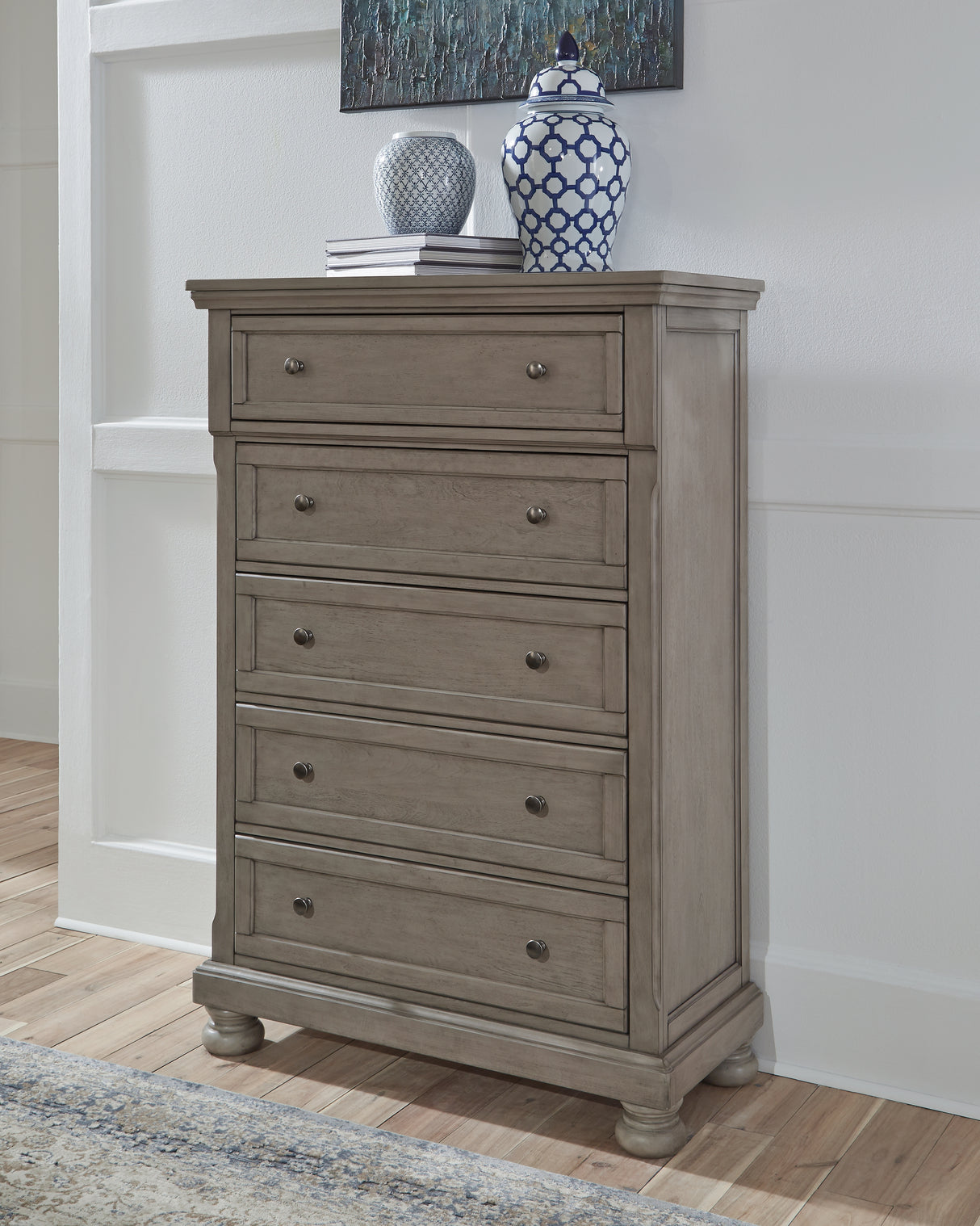 Mega Furniture - Ashley Furniture - Lettner Bedroom - Five Drawer Chest / Light Gray - B733-46
