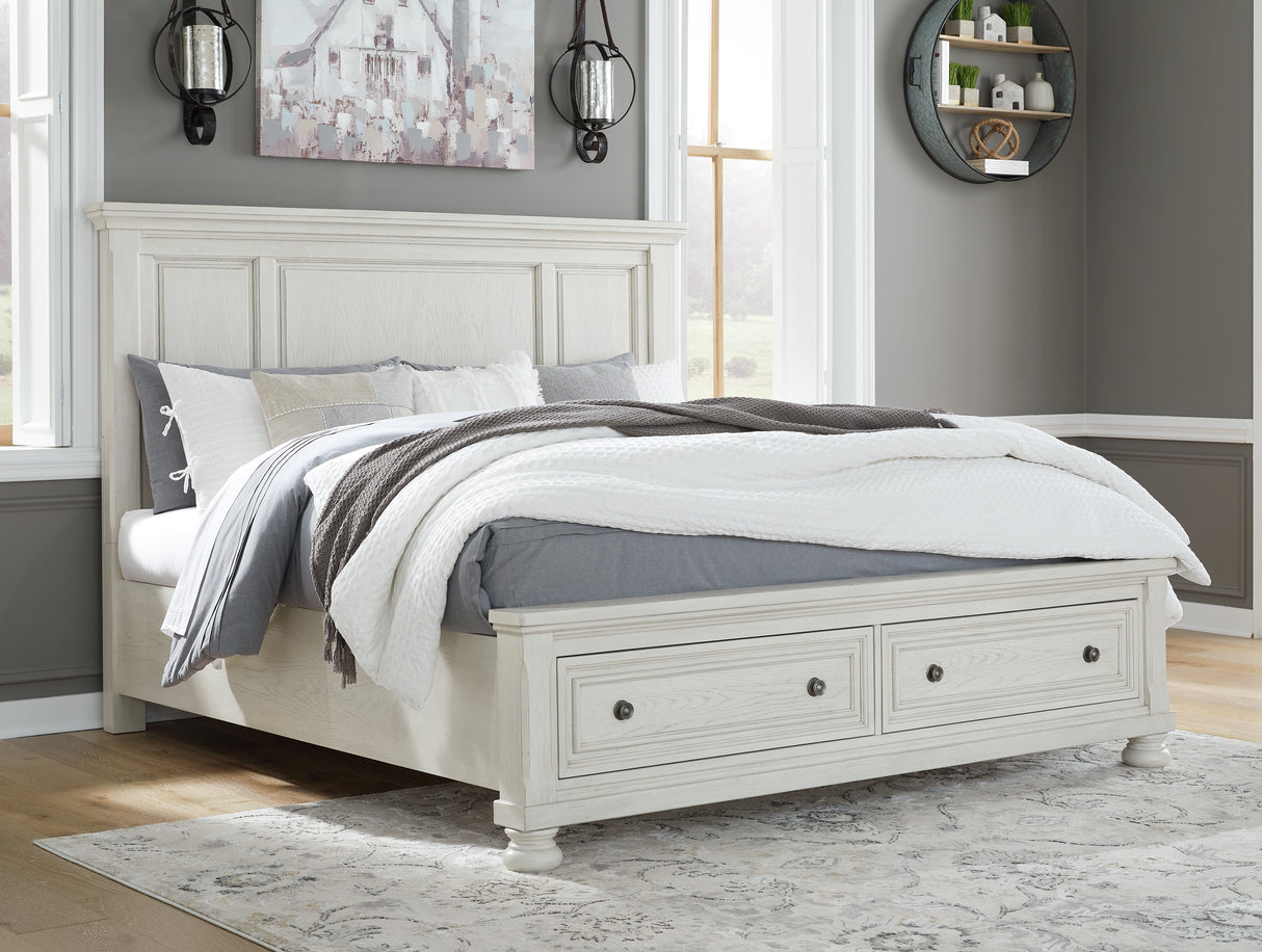 Mega Furniture - Ashley Furniture - Robbinsdale Bedroom - King Panel Storage Bed / Antique White - B742B25