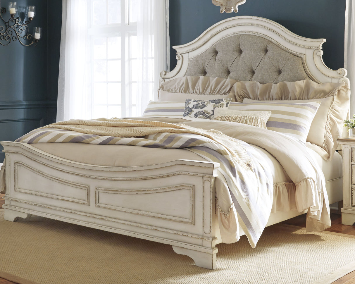 Mega Furniture - Ashley Furniture - Realyn Bedroom - California King Upholstered Panel Bed / Chipped White - B743B7