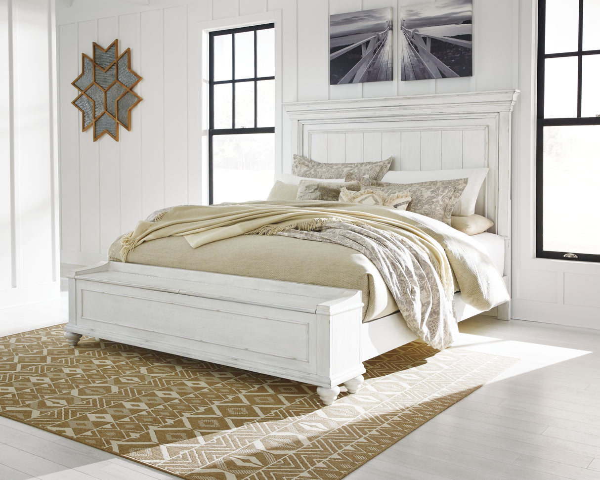 Mega Furniture - Ashley Furniture - Kanwyn Bedroom - Queen Panel Bed with Storage Bench / Whitewash - B777B6