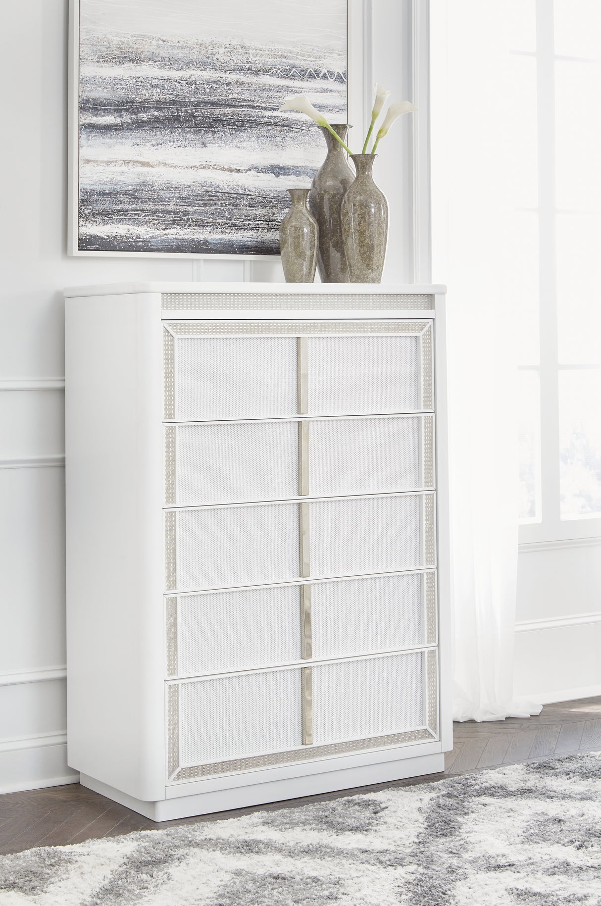 Mega Furniture - Ashley Furniture - Chalanna Bedroom - Five Drawer Chest / White - B822-46