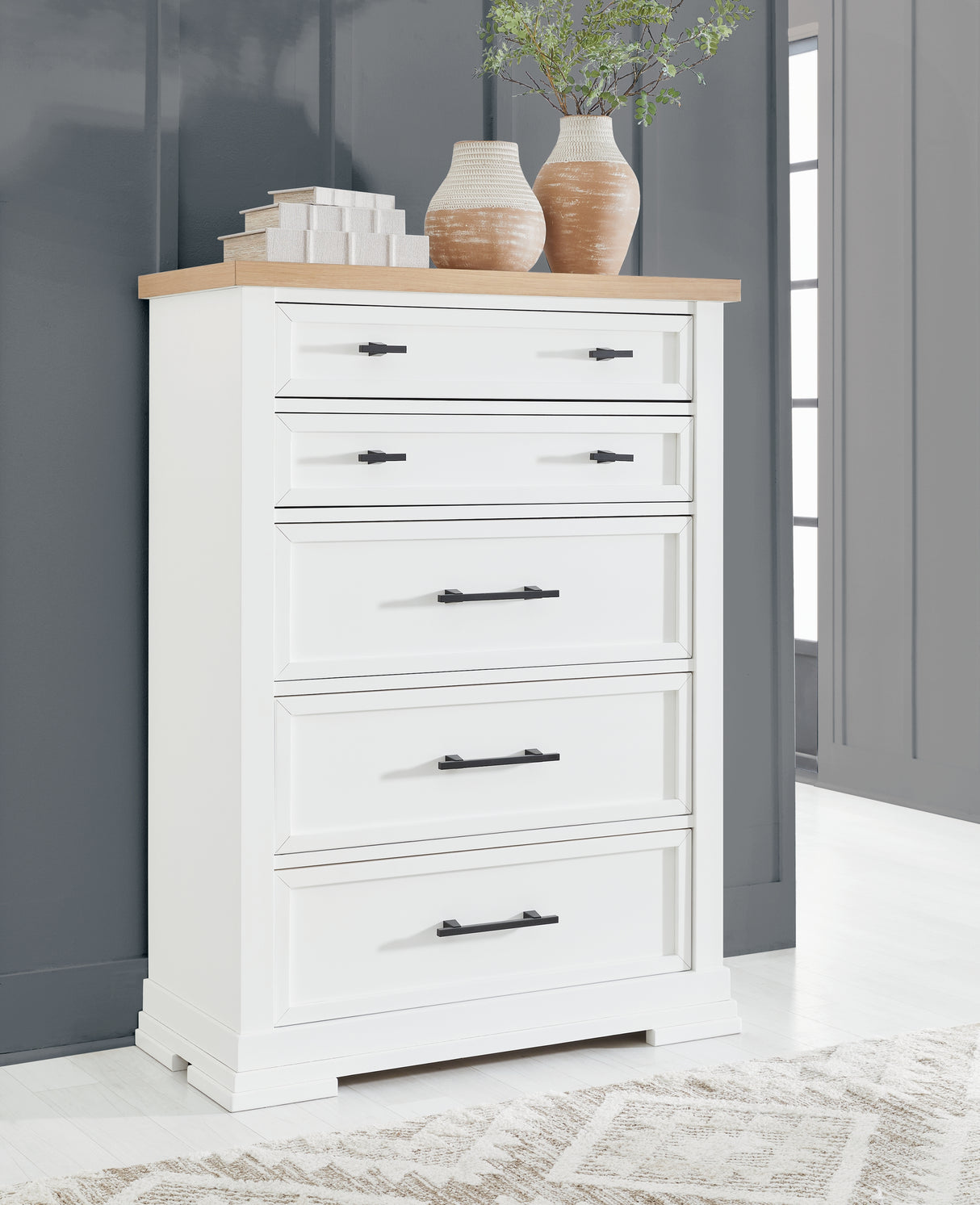 Mega Furniture - Ashley Furniture - Ashbryn Bedroom - Five Drawer Chest / White/Natural - B844-46