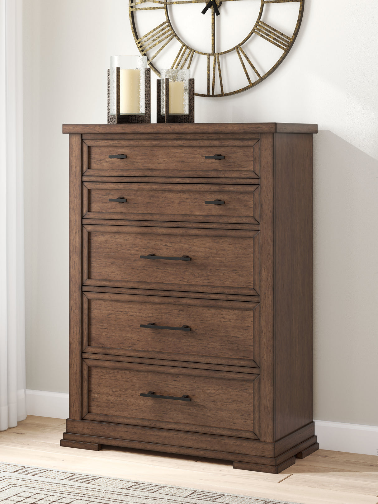 Mega Furniture - Ashley Furniture - Taffenbrook Bedroom - Five Drawer Chest / Medium Brown - B849-46