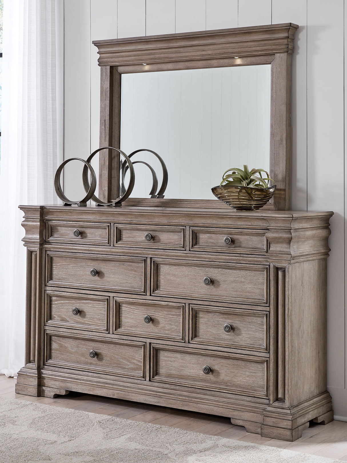 Mega Furniture - Ashley Furniture - Blairhurst Bedroom - Dresser and Mirror / Light Grayish Brown - B916B1