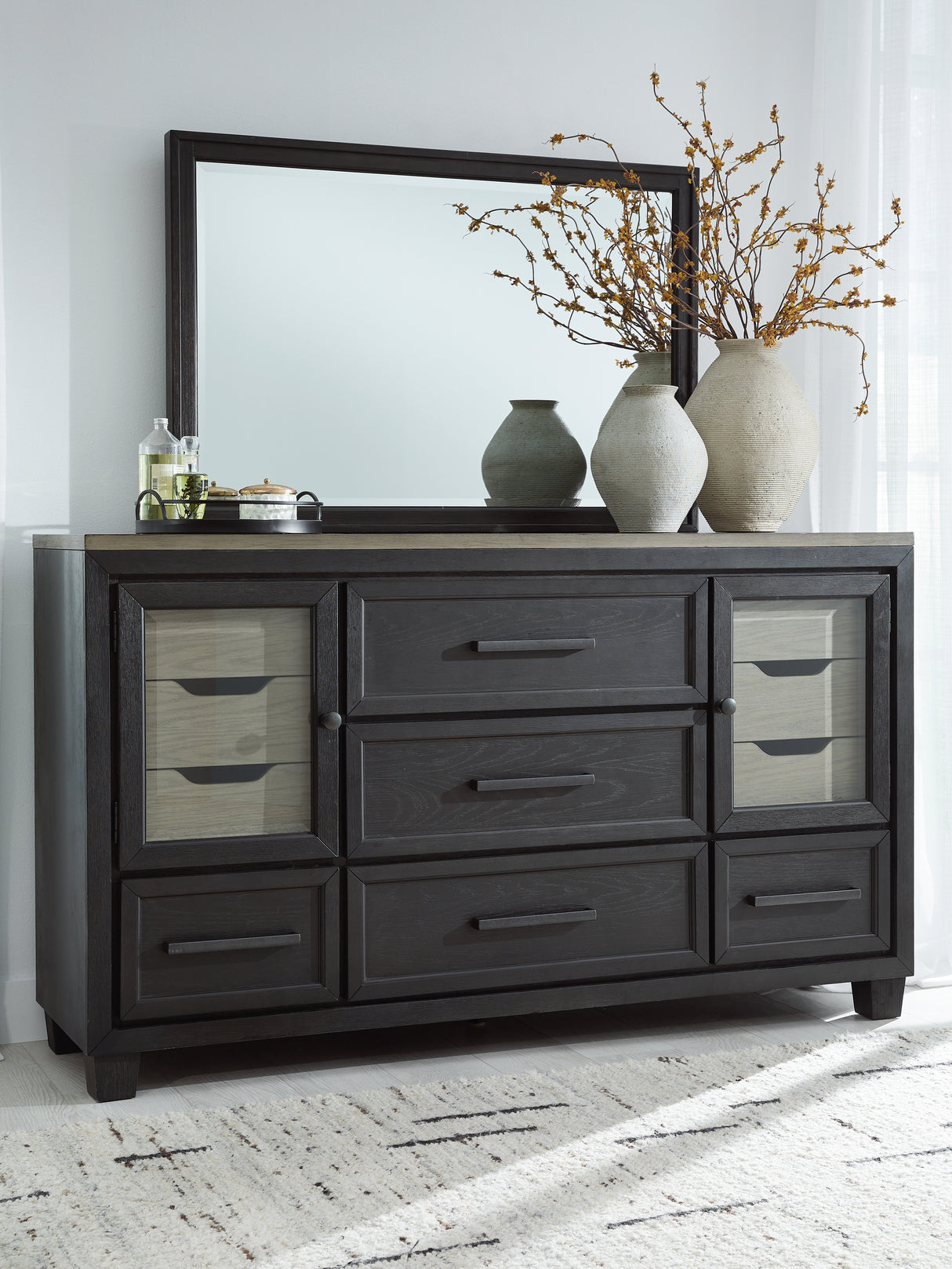 Mega Furniture - Ashley Furniture - Foyland Bedroom - Dresser and Mirror / Black/Brown - B989B1