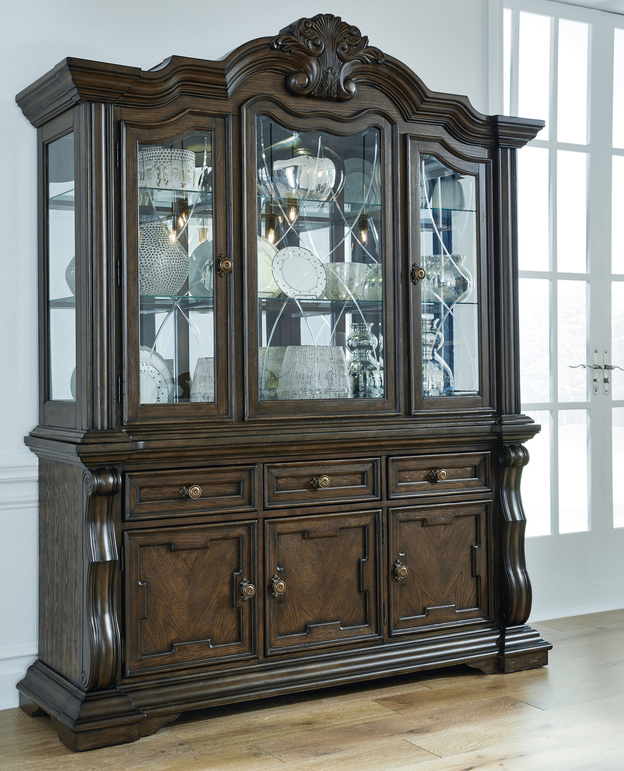 Mega Furniture - Ashley Furniture - Maylee Dining Room - Dining Buffet and Hutch / Dark Brown / 71.75"W x 20.75"D x 89.25"H - D947D1