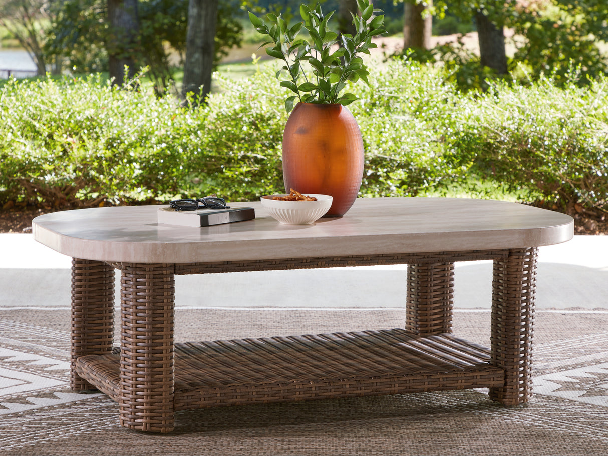 Mega Furniture - Ashley Furniture - Dolan Creek Outdoor - Rectangular Cocktail Table / Beige/Brown - PCP610-701