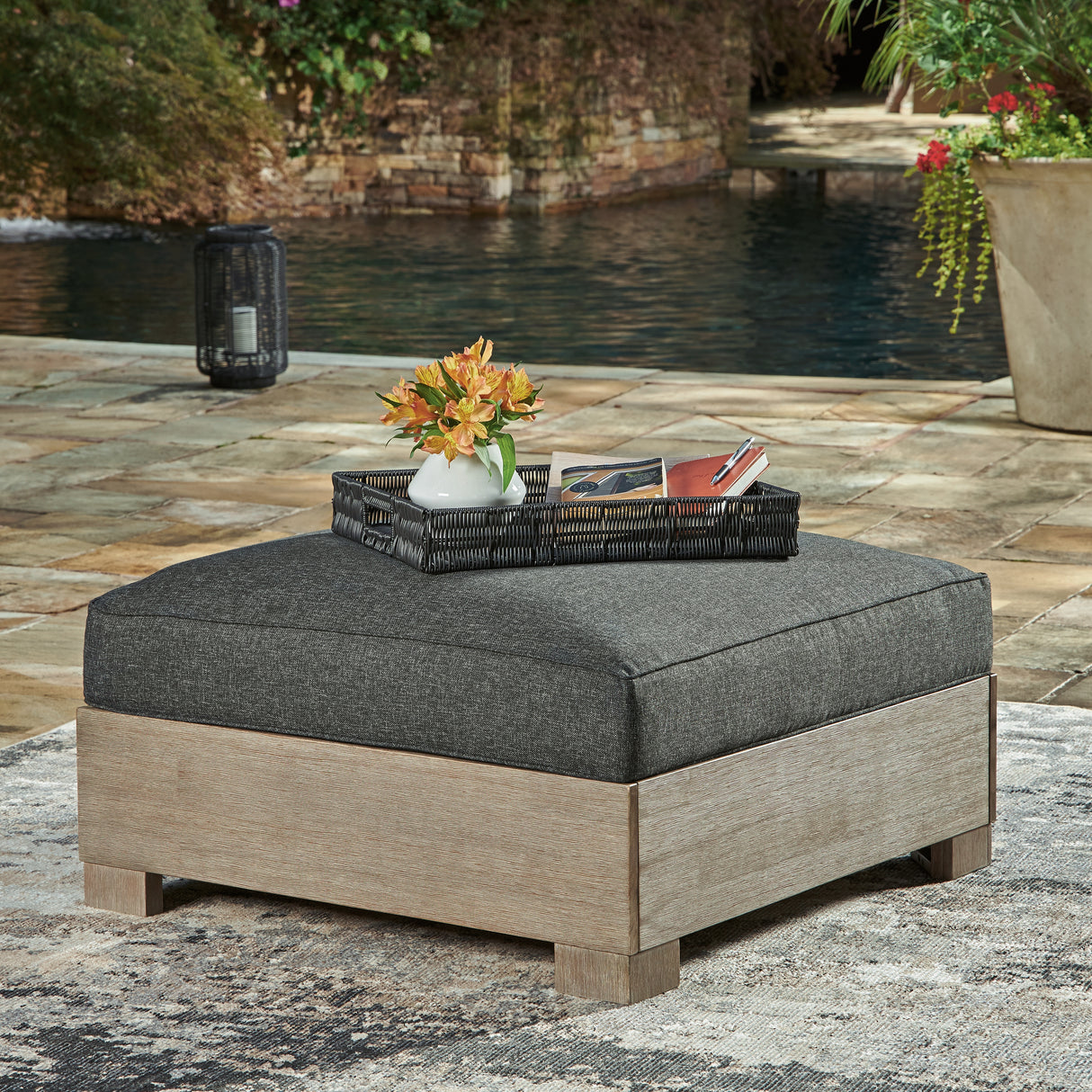 Mega Furniture - Ashley Furniture - Citrine Park Outdoor - Ottoman with Cushion / Brown/Charcoal - P660-814