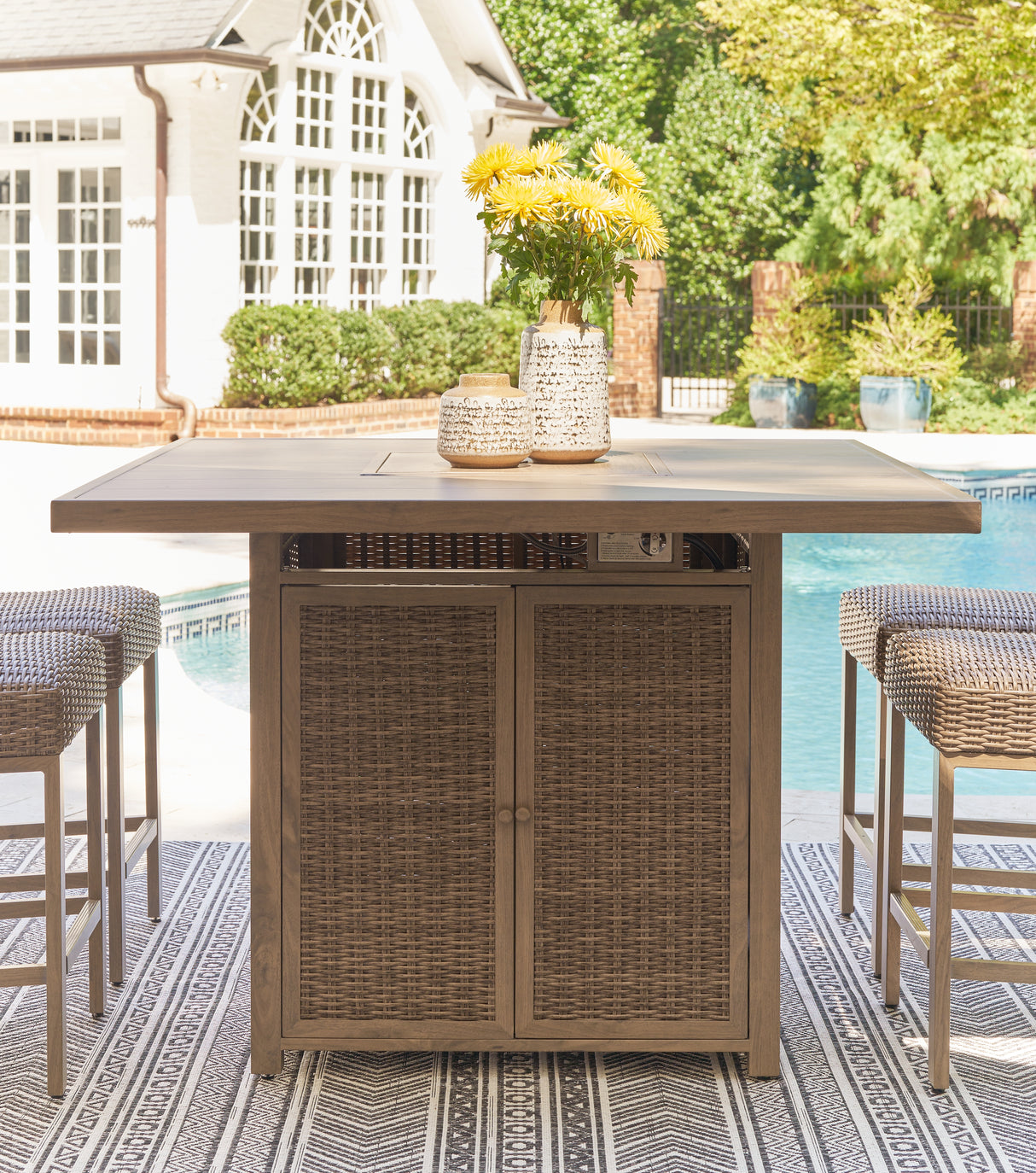 Mega Furniture - Ashley Furniture - Walton Bridge Outdoor - Square Bar Table w/Fire Pit / Driftwood - P749-665