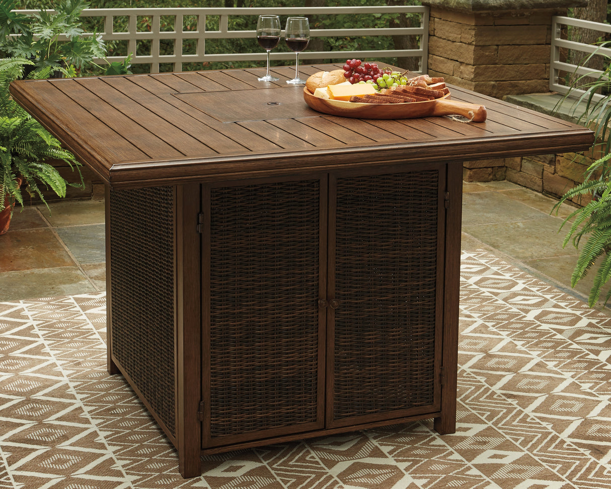 Mega Furniture - Ashley Furniture - Paradise Trail Outdoor - Square Bar Table w/Fire Pit / Medium Brown - P750-665