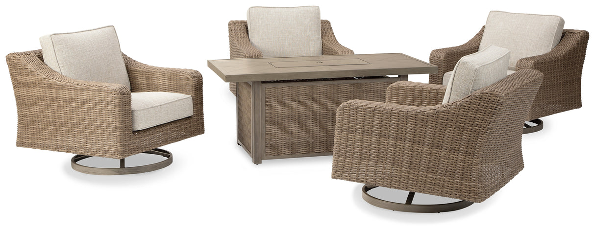 Mega Furniture - Ashley Furniture - Beachcroft Outdoor - 5-Piece Outdoor Fire Pit Table with 4 Chairs / Beige - P791P17