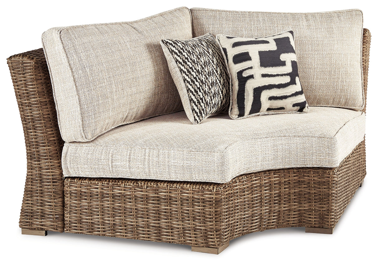 Mega Furniture - Ashley Furniture - Beachcroft Outdoor - Curved Corner Chair w/Cushion / Beige - P791-851