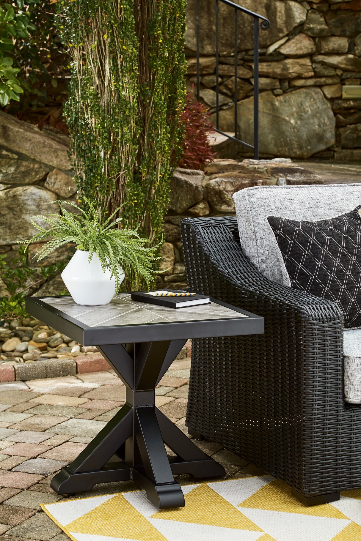 Mega Furniture - Ashley Furniture - Beachcroft Outdoor - Square End Table / Black/Light Gray - P792-702