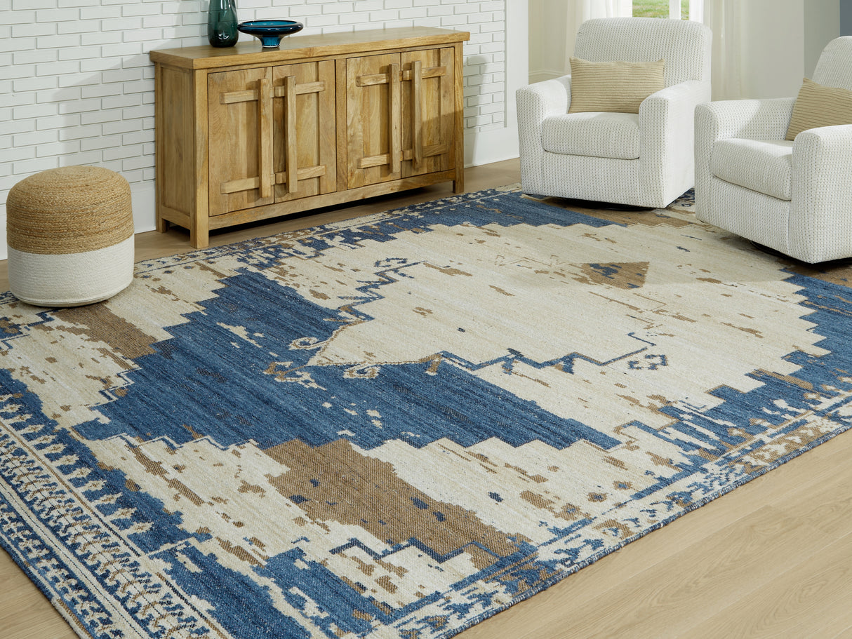 Mega Furniture - Ashley Furniture - Varnler Rug - 10' x 14' Rug / Blue/Brown/Tan - R407130