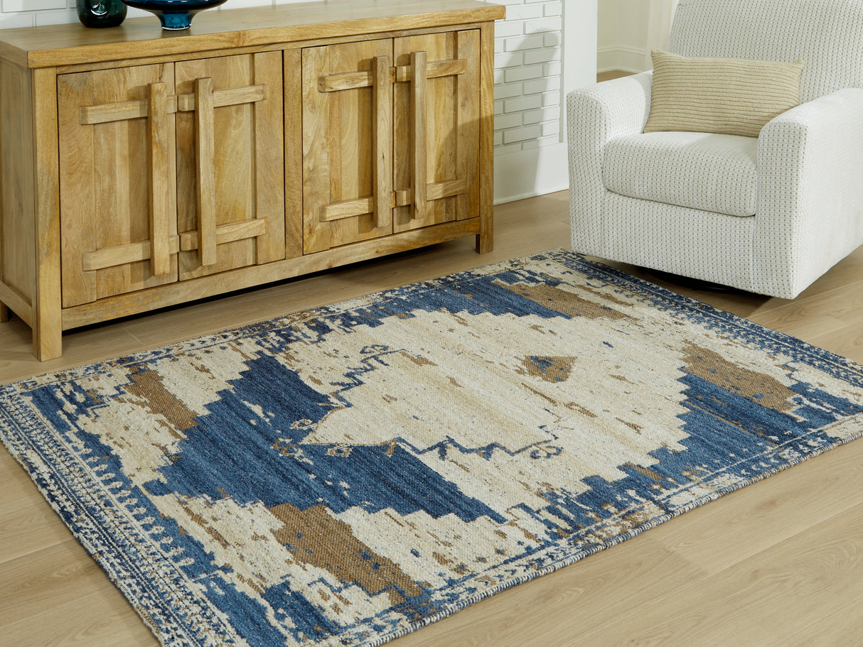 Mega Furniture - Ashley Furniture - Varnler Rug - 5' x 7' Rug / Blue/Brown/Tan - R407132