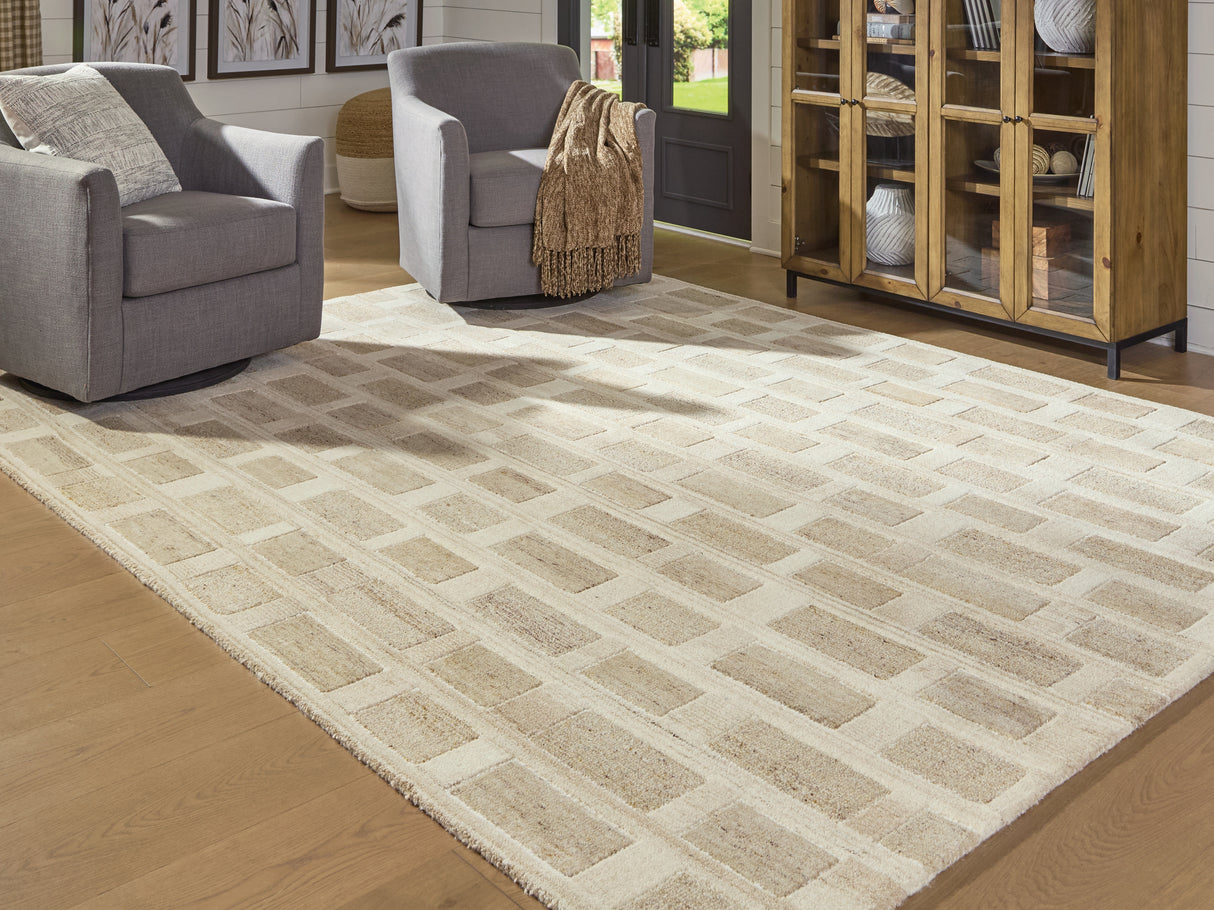 Mega Furniture - Ashley Furniture - Lisgrove Rug - 7'8" x 10' Area Rug / Tan/Brown/White - R407711