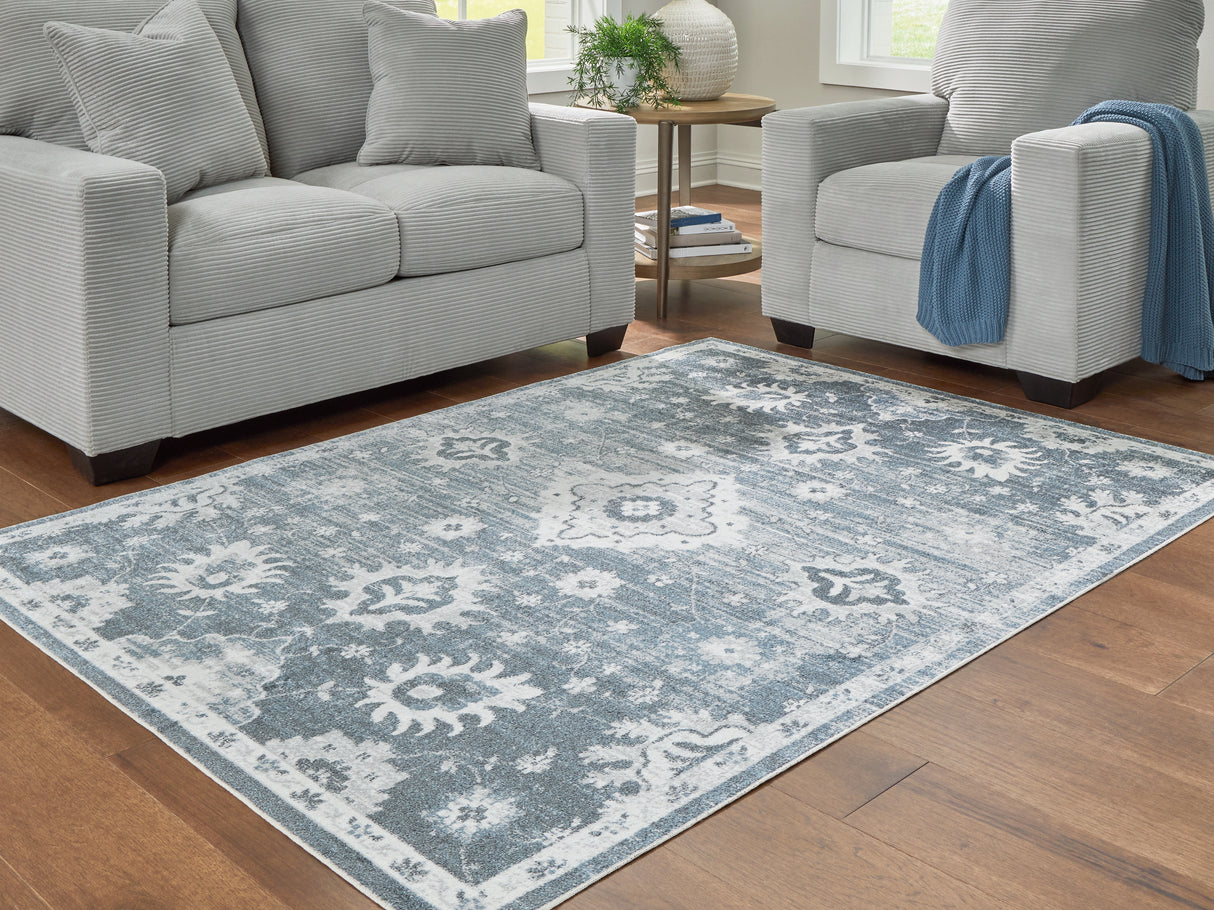 Mega Furniture - Ashley Furniture - Avanworths Rug - Washable 5'3" x 7' Area Rug / Blue/Gray/Ivory - R407792