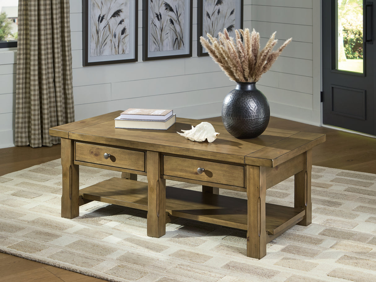 Mega Furniture - Ashley Furniture - Vandenmore Coffee Table - Rectangular Cocktail Table / Medium Brown - T539-1