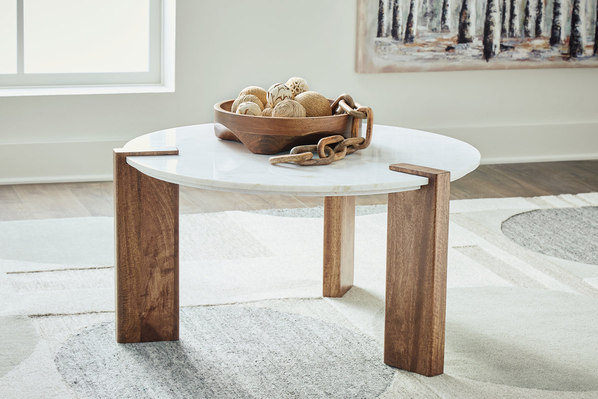 Mega Furniture - Ashley Furniture - Isanti Coffee Table - Round Cocktail Table / White/Brown - T652-8