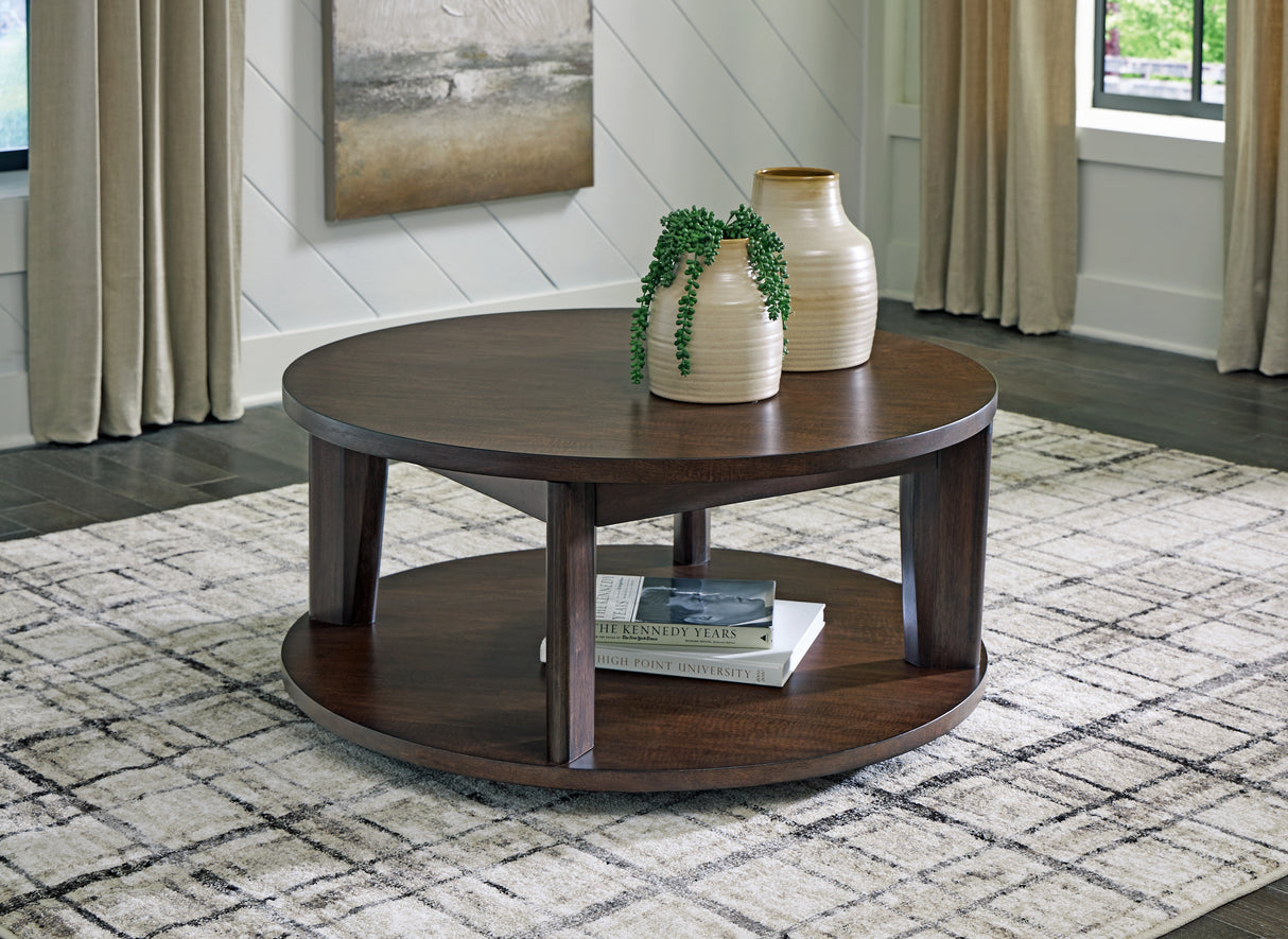Mega Furniture - Ashley Furniture - Korestone 2 Coffee Table - Round Cocktail Table / Dark Brown - T657-8