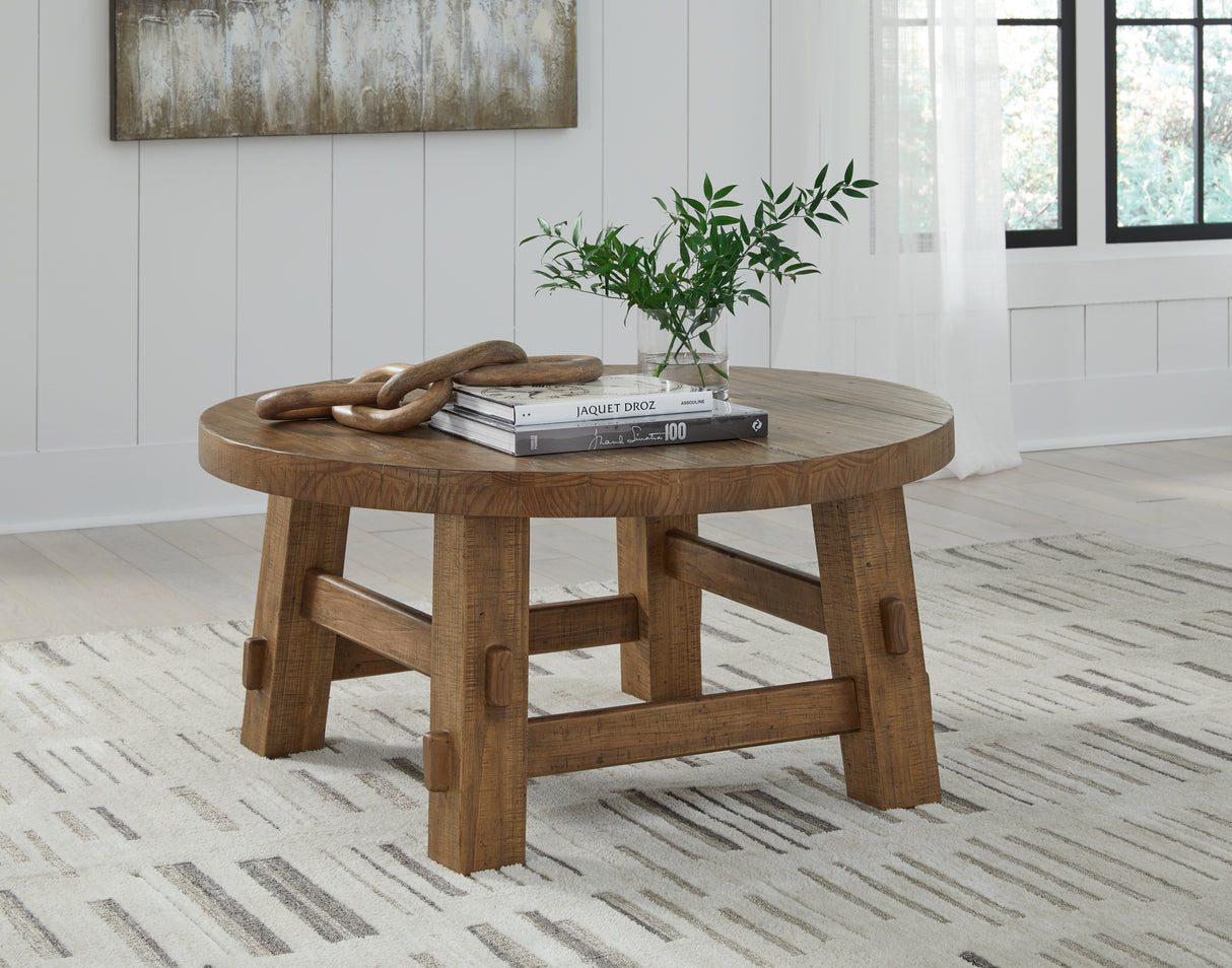 Mega Furniture - Ashley Furniture - Mackifeld Coffee Table - Round Cocktail Table / Warm Brown - T724-8