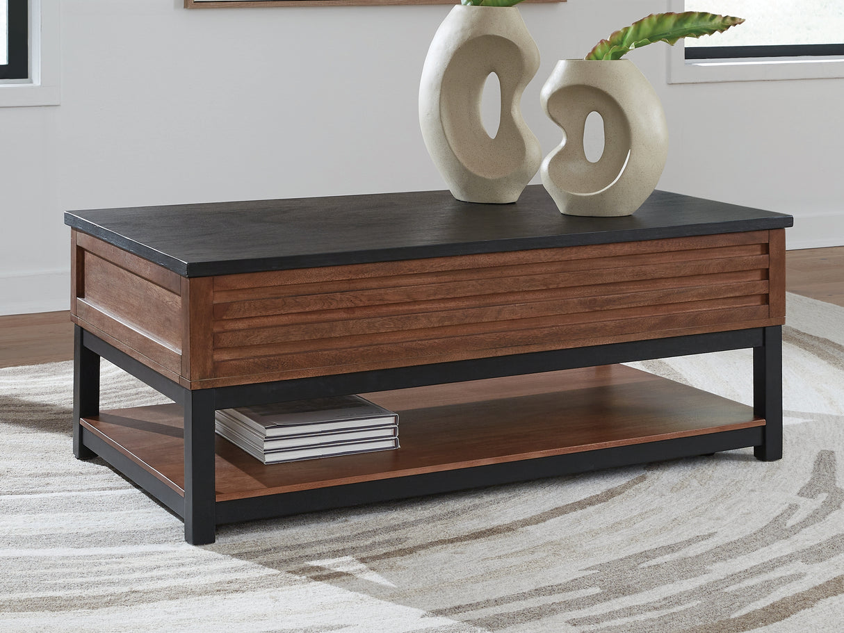 Mega Furniture - Ashley Furniture - Kallari Lift-Top Coffee Table - Lift Top Cocktail Table / Warm Brown/Black - T737-9