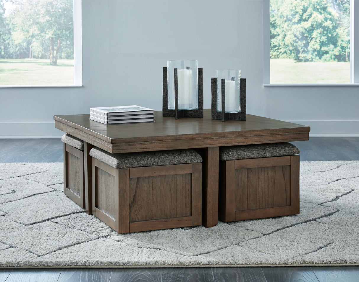 Mega Furniture - Ashley Furniture - Boardernest Coffee Table with 4 Stools - Cocktail TBL w/4 Stools (5/CN) / Brown - T738-20